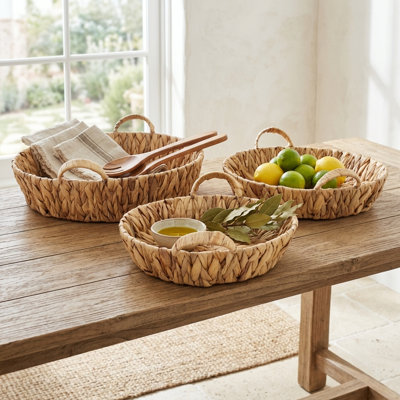 Laelia Set of 3 Round Water Hyacinth Baskets, Nesting Trays with Handles