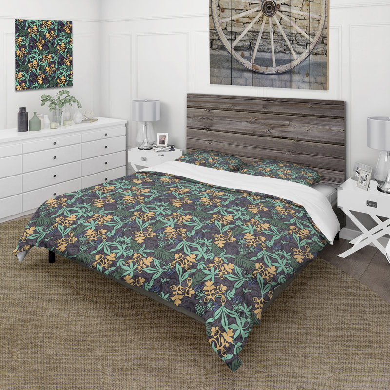 Feuilles tropicales et fleurs sur fond bleu foncé - ensemble de housse de couette moderne - microfibre de polyester