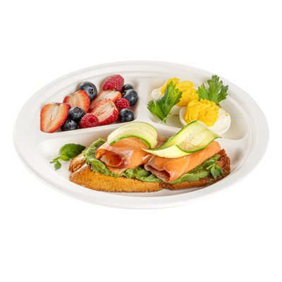 Restaurantware-Pulp Safe No PFAS Added 10.3 x 1 Inch Round Plates, 100 Disposable Plates - Home Compostable, 3 Compartments, White Bagasse Plates, Microwavable And Freezable, For Hot And Cold Foods