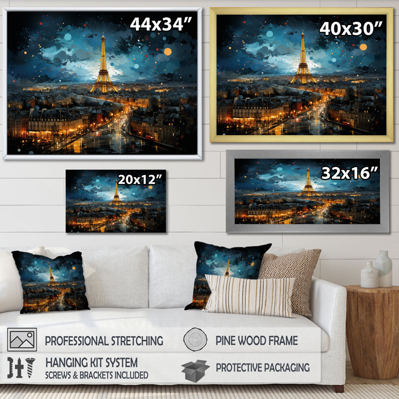 Vue nocturne de Paris de la Tour Eiffel - Art mural de la ville de Paris, H 12 po x l 20 po x P 1 po, Toile tendue