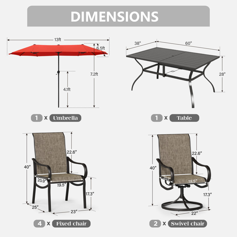 Ensemble repas de patio 6 places avec parasol, Rouge