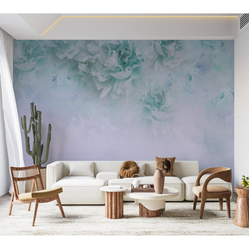 Adhésif mural pelez et collez - composition florale turquoise clair, L 41 po x l 57 po