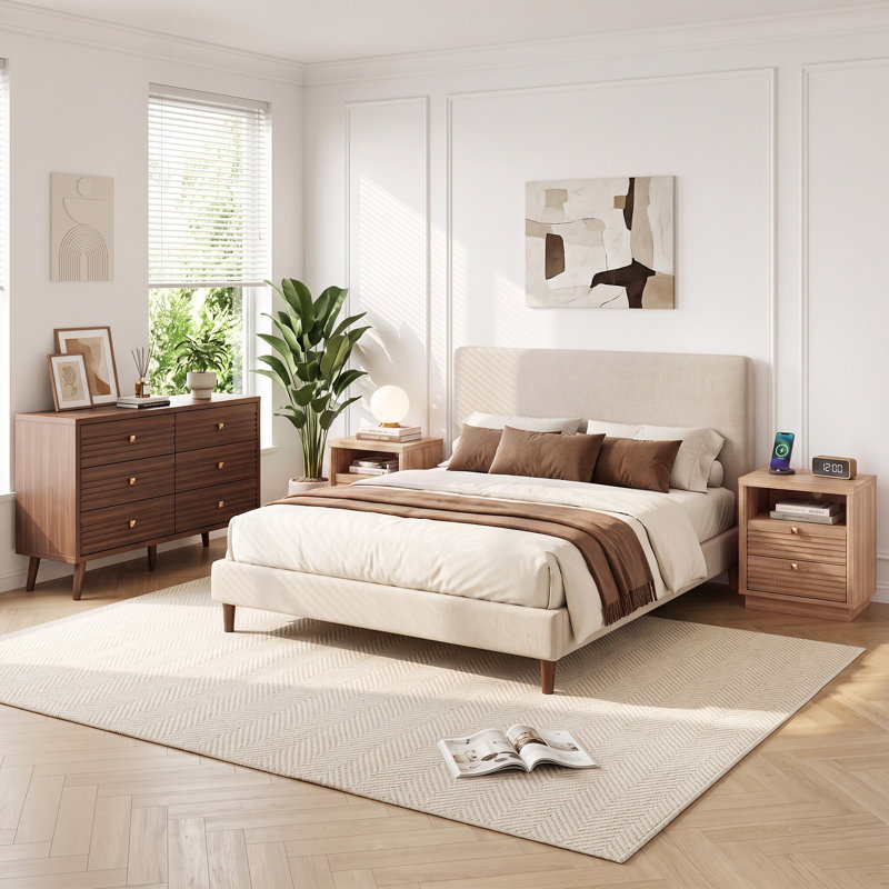 Table de chevet à 2 tiroirs avec prises intégrées, table de chevet moderne en chêne cannelé avec tablette ouverte, table de chevet en bois robuste pour la chambre à coucher, le salon et le bureau