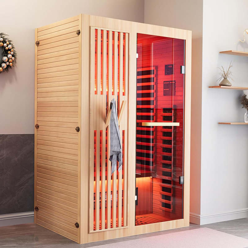 Full Spectrum Sauna For Home, 1~2 Person Indoor Infrared Sauna Room With 10 Minutes Warm-up Heate, Canadian Wood Home Infrared Sauna With Bluetooth And Tempered Glass