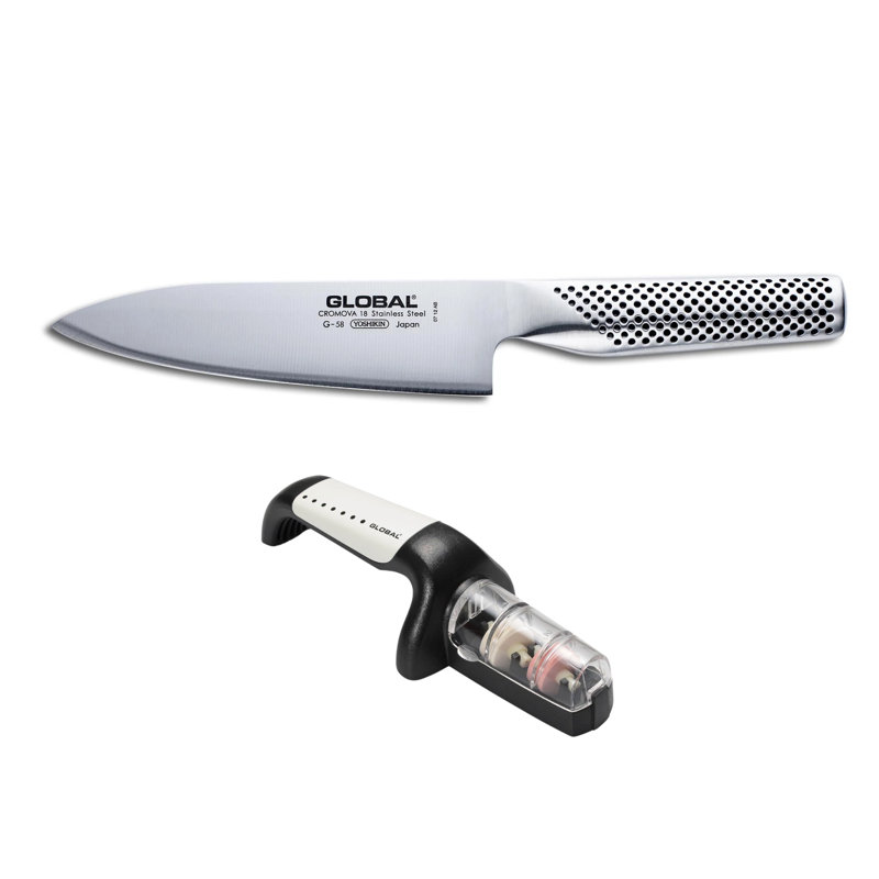 Global Classic 2 Piece Chef Knife With Sharpener Set