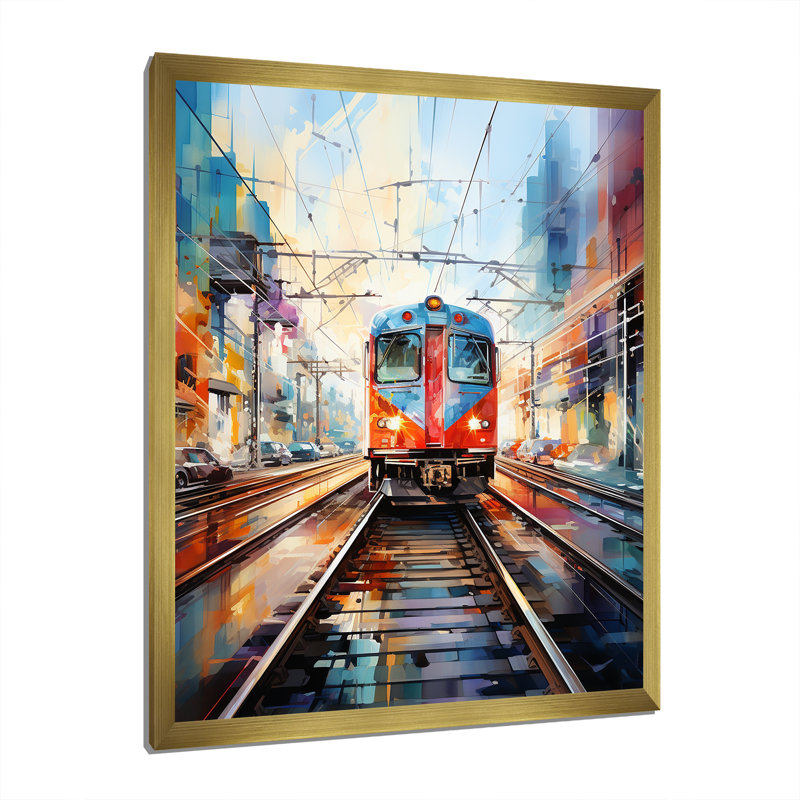 Train coloré I - salon d'art mural moderne, H 32 po x l 24 po x P 1 po, Encadrement doré