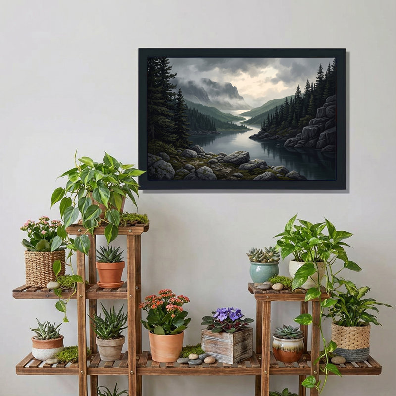 «Misty Mountains River Valley Pine Forest», art mural sur toile, H 16 po x l 24 po
