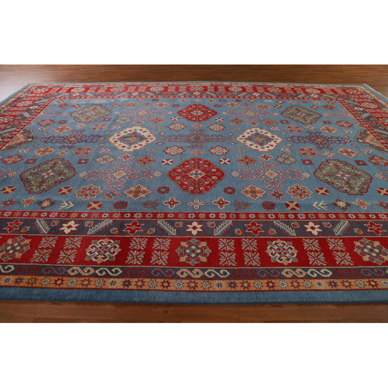 Tapis bleu / rouge / brun en laine noué à la main de conception unique 9 pi 11 po x 14 pi 10 po New Age