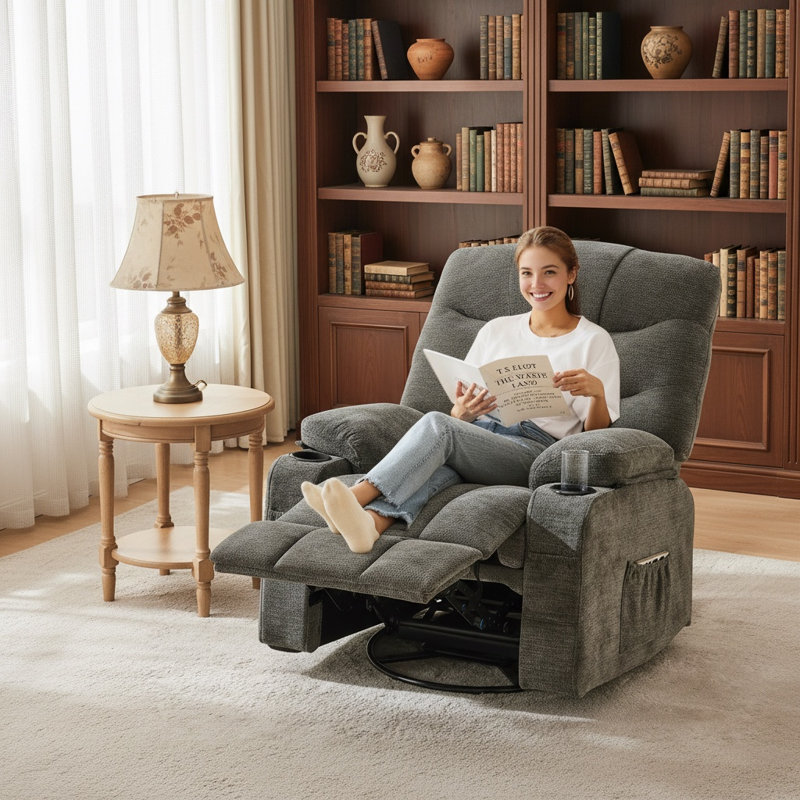 Fauteuil inclinable berçant pivotant à 360 °, siège inclinable simple manuel avec porte-gobelets, Mélange de polyester gris