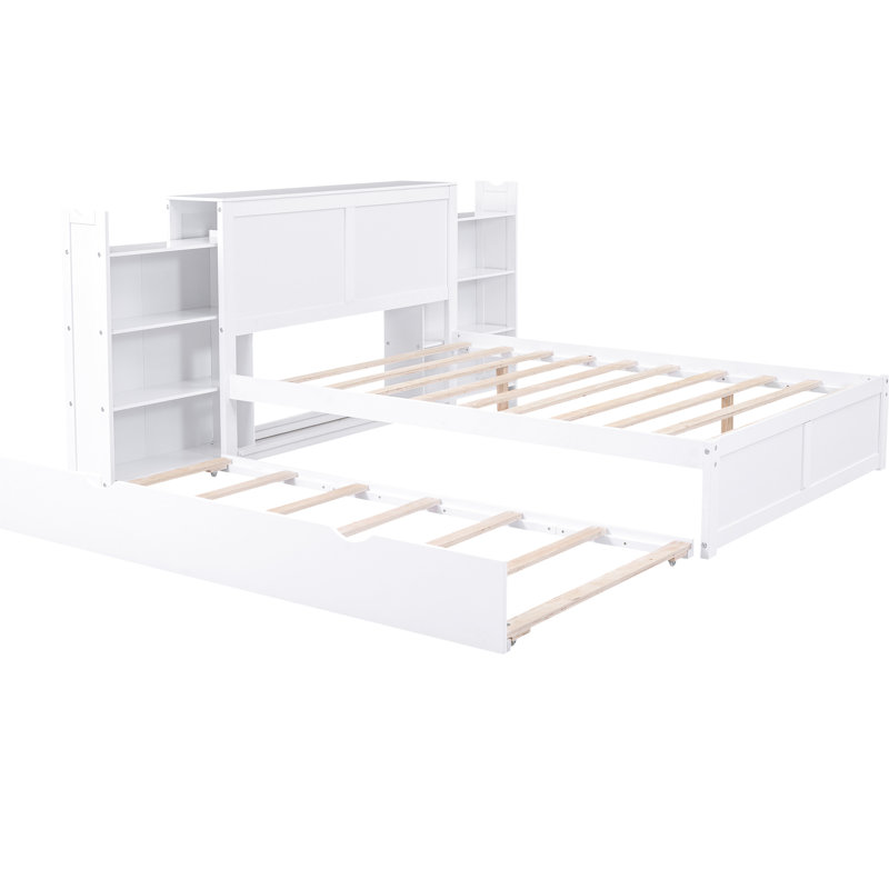 Full Size Platform Bed With Shelf Storage And Twin Trundle In White - Build For A Comfortable Bedroom Layout Pull Out Shelves Trundle, Solid Wood Functional