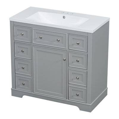 Meuble-lavabo de 36 po avec lavabo en bois massif gris et armoire à 6 tiroirs avec tablette réglable