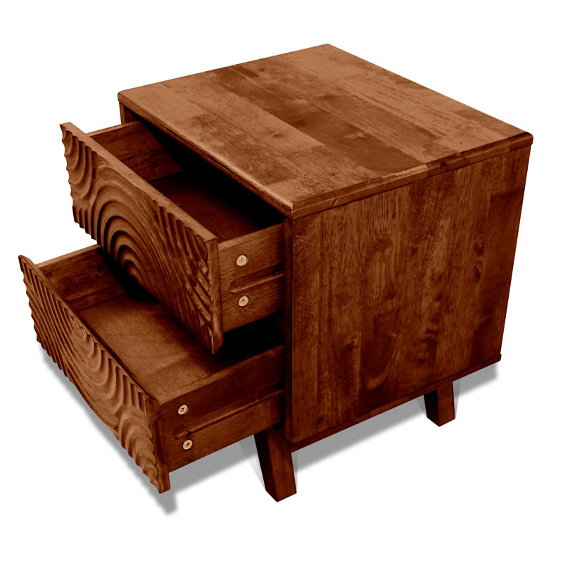 Solid Wood 2-Drawer Nightstand with Carved Front – Mid-Century Modern Bedside Table, Walnut