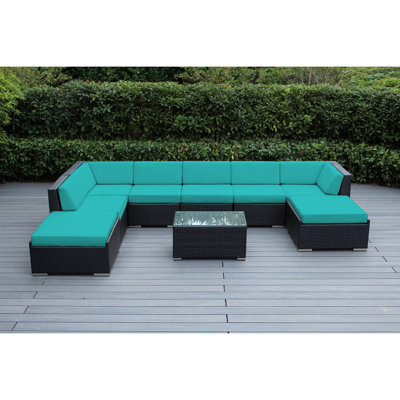 Ensemble de conversation en osier pour 8 personnes avec coussins Etude