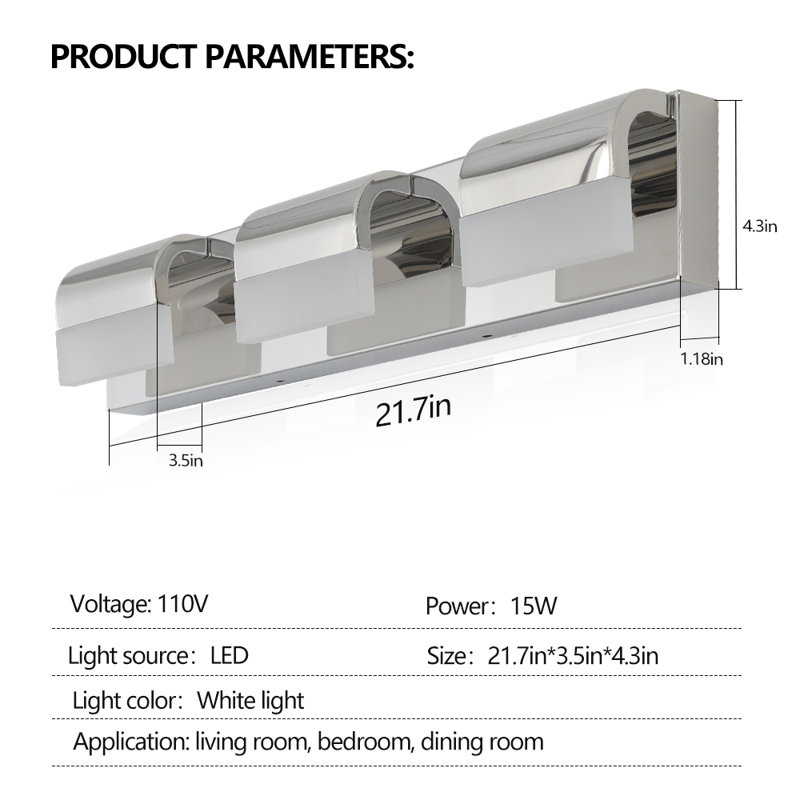 22" 3-Light Chrome Curved LED Bathroom Vanity Light Modern Wall Sconce Over Mirror, 4.3" H x 21.7" W x 3.5" D, Chrome