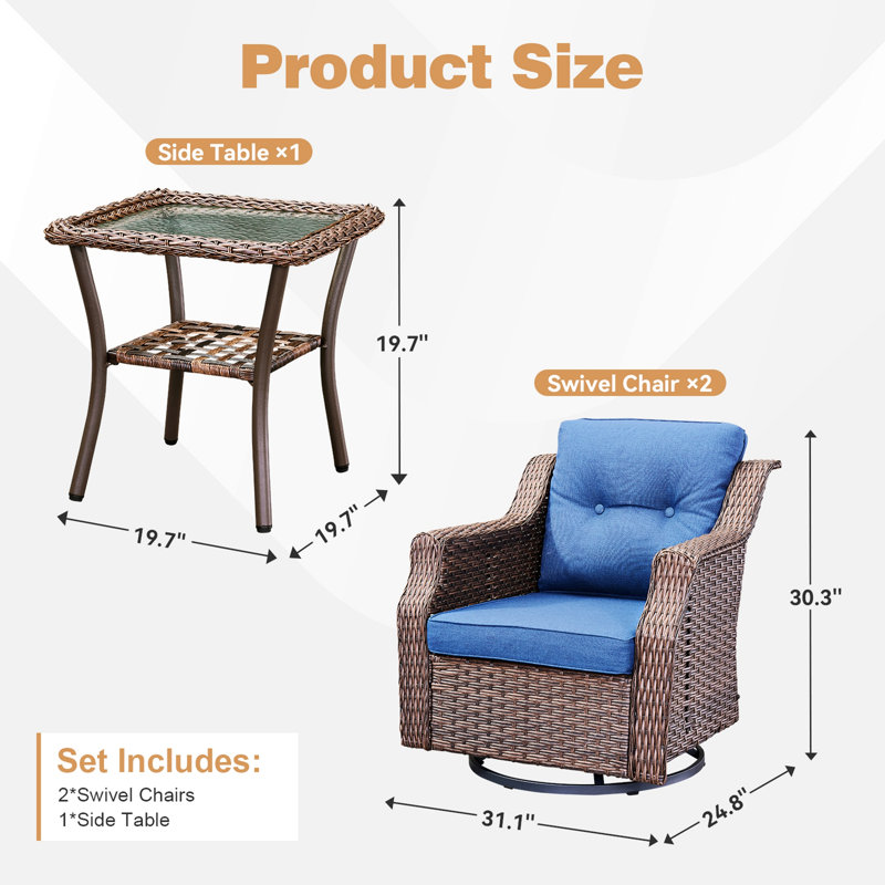 Chaise berçante pivotante pour 2 personnes avec table d'appoint et coussins, Bleu