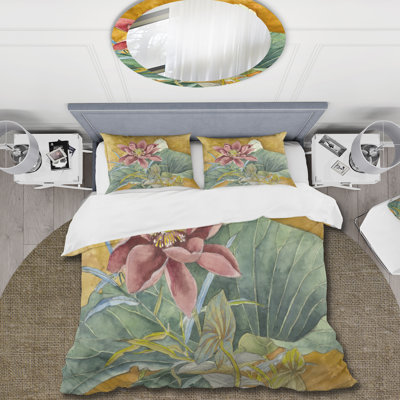 Impression rétro de lotus rose - ensemble de housse de couette traditionnel - microfibre de polyester