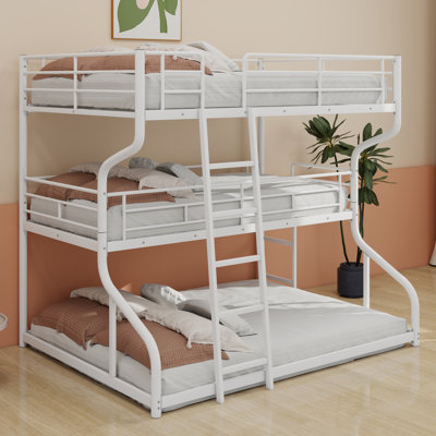 Full XL Over Twin XL Over Queen Size Triple Bunk Bed With Long And Short Ladder,Metal Bed Frame W/Safety Guardrail,For Apartment,Bedroom,Guest Room