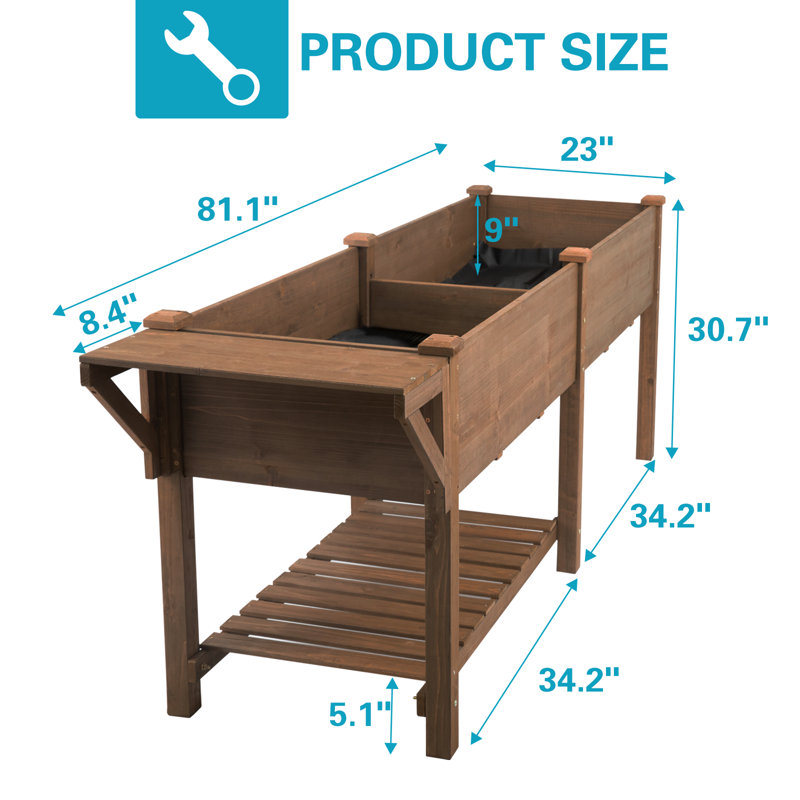 Wooden Elevated Planter With Storage Shelf, Slide Table