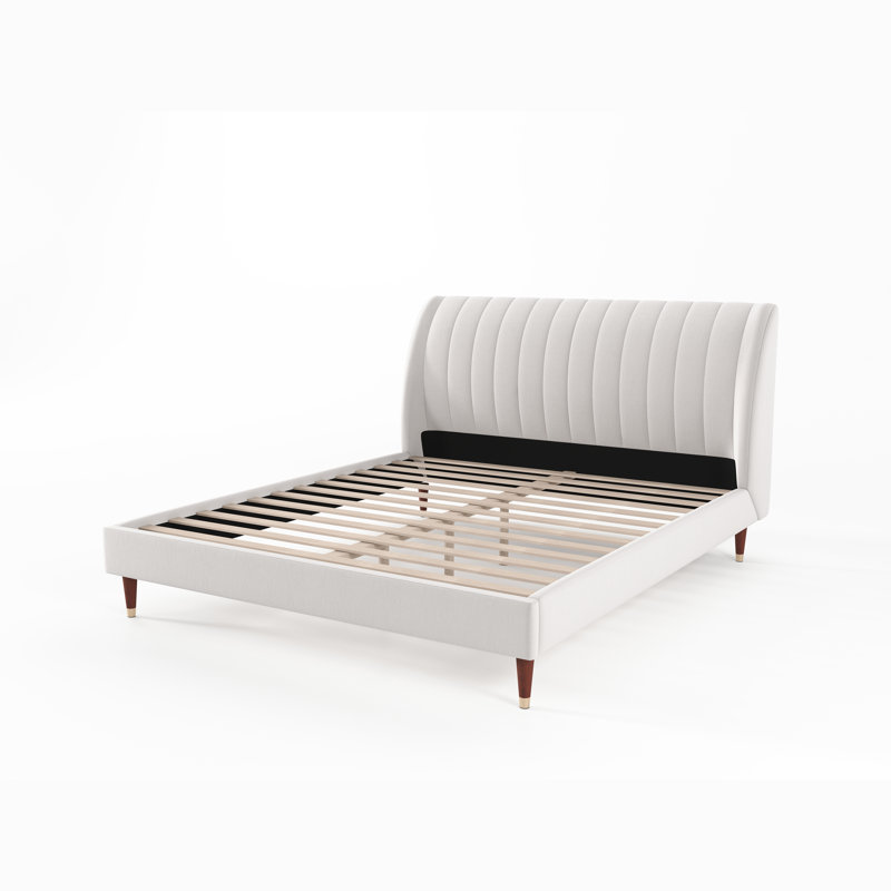 Lit plateforme tapissier beige avec tête de lit à oreilles, Grand