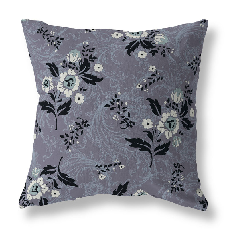 Gray and Black Floral Faux Suede Square Throw Pillow