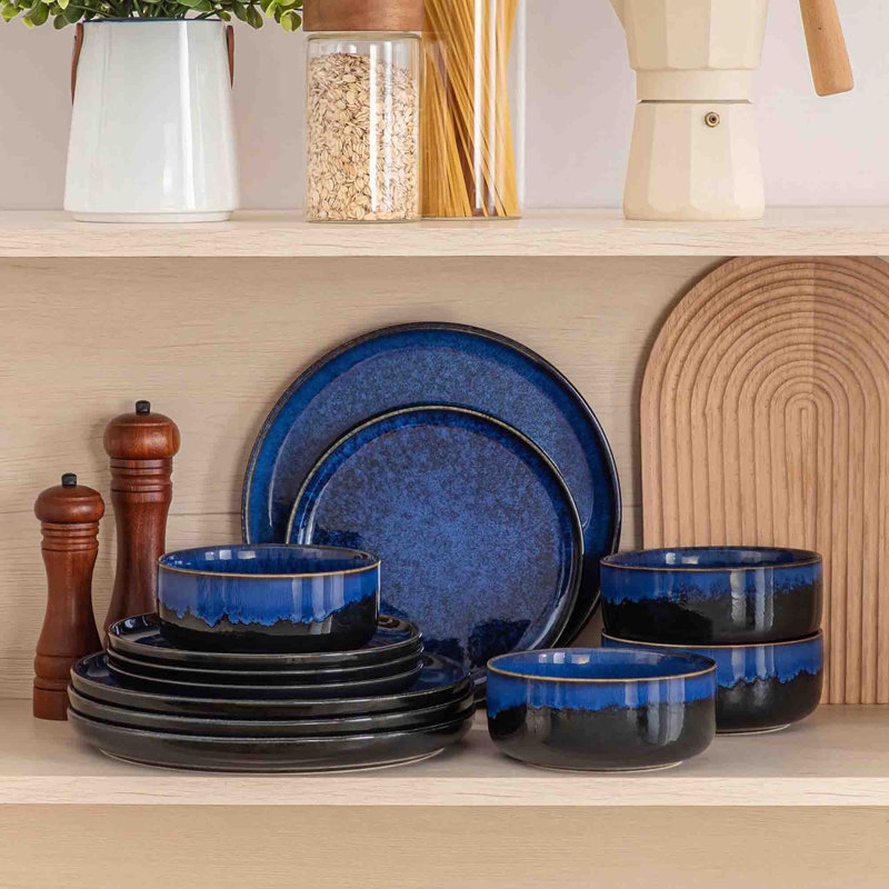 Services de vaisselle en céramique, ensemble de vaisselle 12 pièces, Bleu