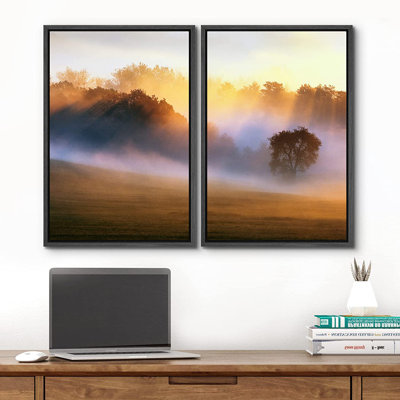 Misty Forest Landscape " Morning Sunlight Dawn Mist Forest Trees Nature Wilderness " 2 Piece Art Color Photography Print