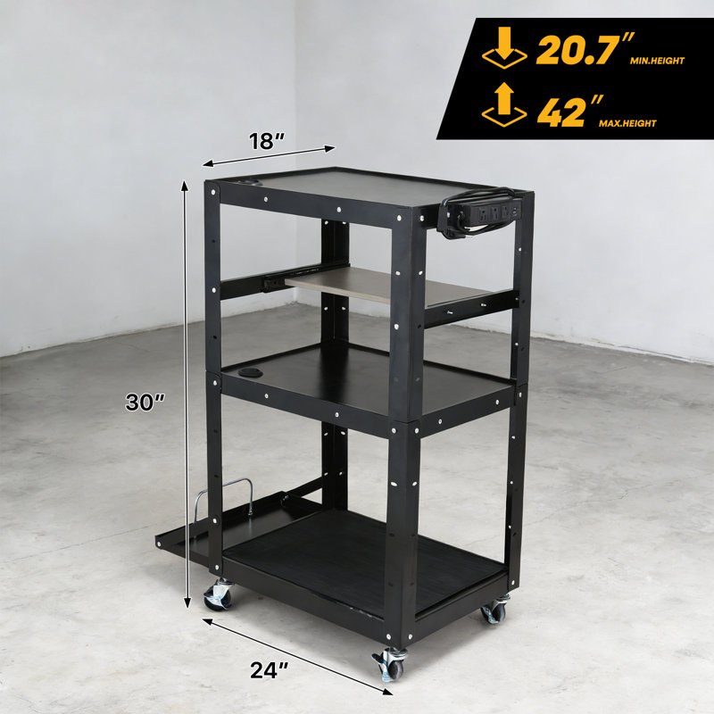 Chariot multi-fonctions 24 po x 18 po avec multiprise et plateau à clavier 24,6 po à 42,5 po avec 4 roulettes pivotantes