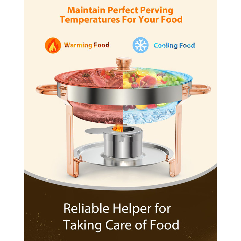 2 Pack 5L Round Stainless Steel Chafing Dish Buffet Set with Lid, Rose Gold Frame Food Warmers for Wedding Party Banquet Catering