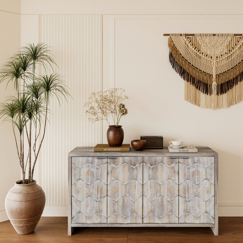 Buffet d'appoint 4 portes Accent Bois naturel lavé, style artistique, rangement de salon polyvalent, Naturel