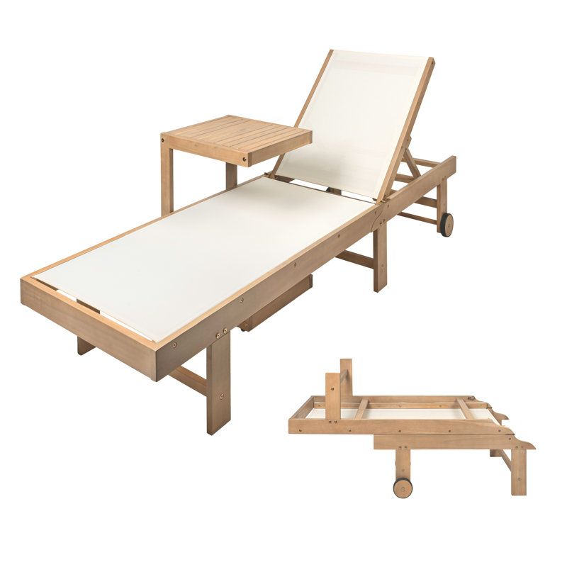Trabuco Modern 2-Piece Acacia Wood Outdoor Chaise Lounge Chair & Side Table Set, Adjustable Sling Backrest with Wheels, Light Teak/White