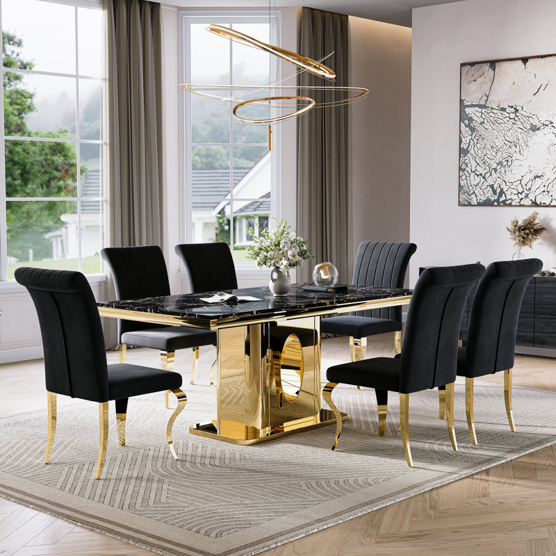 70.08”Faux Marble Top Pedestal Dining Table Set, Black/Gold, Black, Gold