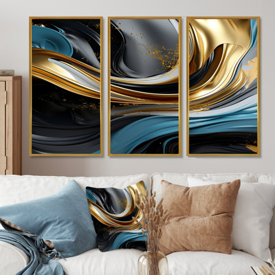 Liquid Stream Golden Current - Waves Wall Art Print Set