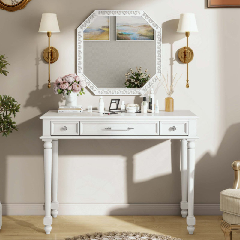 Bureau de maquillage rétro avec grand miroir, coiffeuse à 3 tiroirs pour le rangement des bijoux, console élégante pour la chambre à coucher, le salon, le couloir et le vestibule