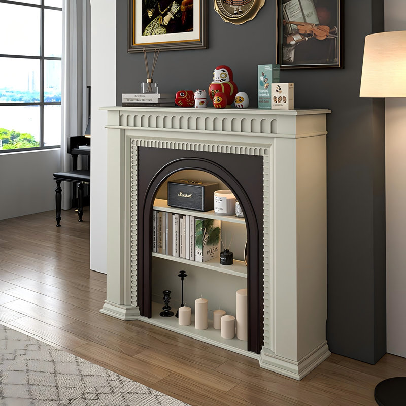 Solid Wood Birch cream and black Fake Fireplace Entrance Cabinet