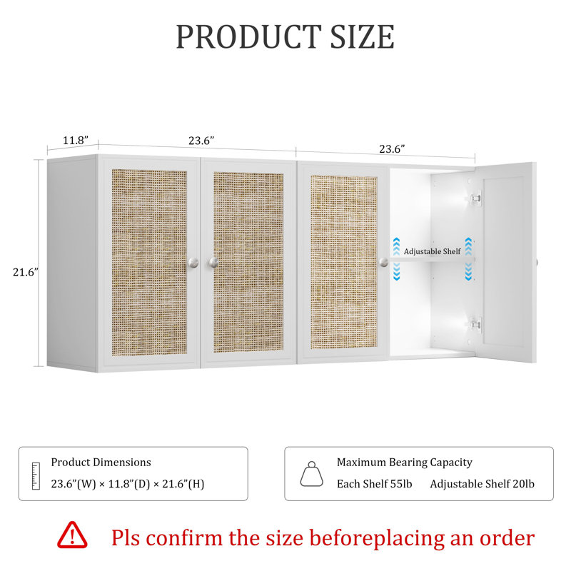 Armoire murale 24 po avec portes en rotin (ensemble de 2), Blanc / Blanc
