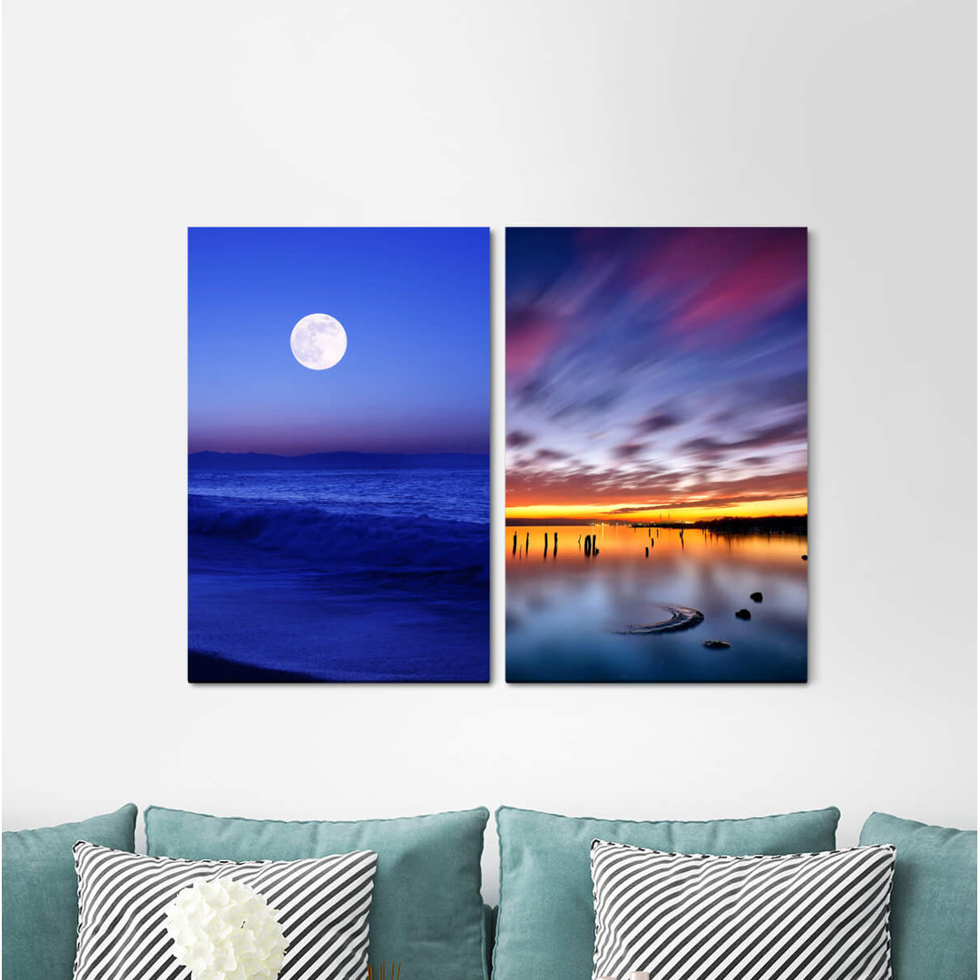 2-tlg. Leinwandbilder-Set - Fotografie „Full Moon Night Sky Sea Flood Horizon Blue Sunset”