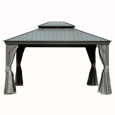 Pavillon de jardin extérieur permanent à toit rigide 10 'x 14' avec double toit en acier galvanisé, structure en aluminium, rideaux et filet pour la pelouse et le jardin