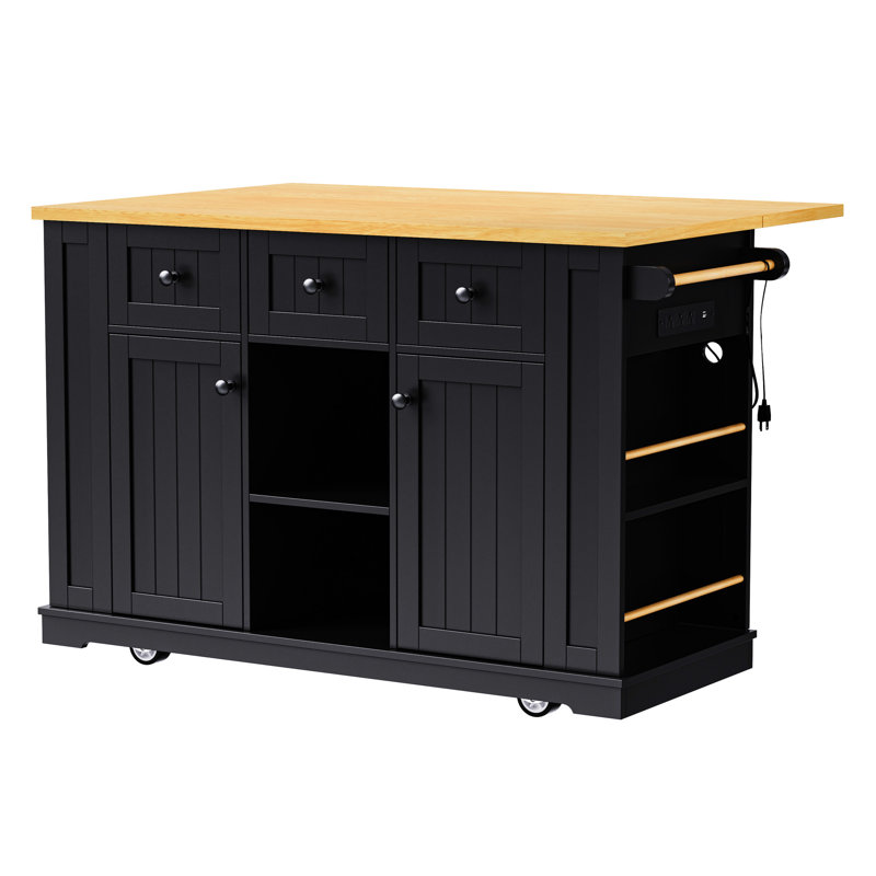 Black Kitchen Island With 2 Seats, Power Connection, Internal Storage Unit, Drop Leaf, 5 Side Shelves, 3 Drawers For Stunning Areas Chairs,