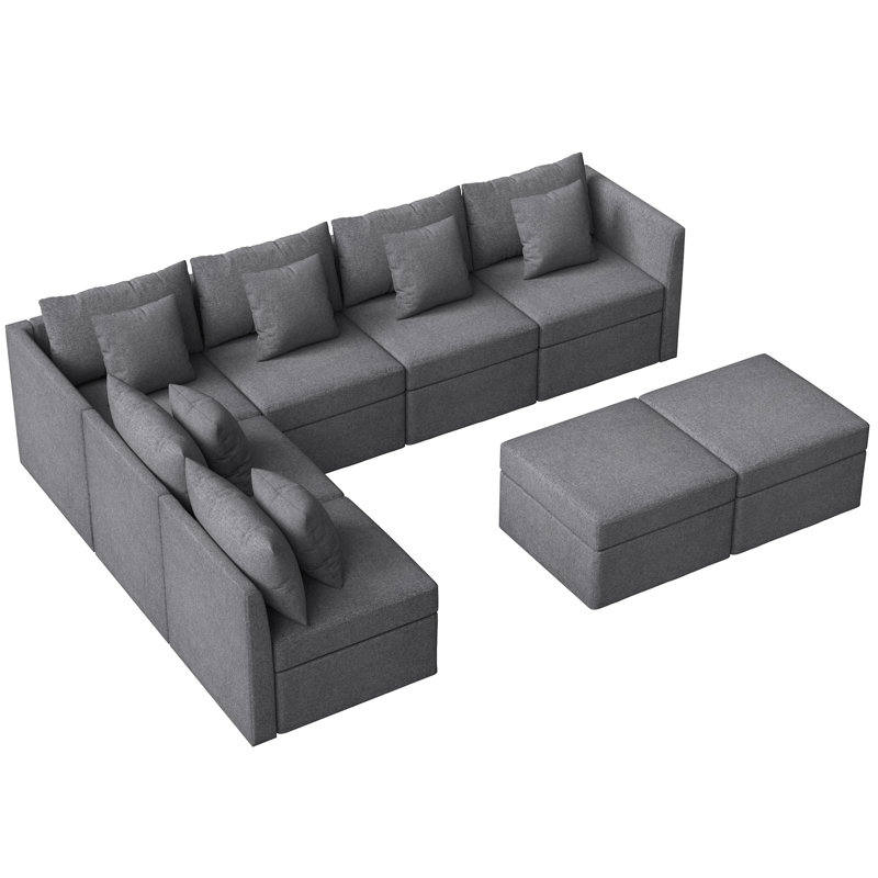 8 - Piece Upholstered Modular Sectional Sofa Convertible L Shaped Couch With Storage Ottoman, Britaney Dark Gray Polyester