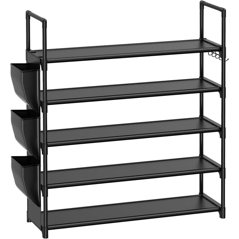 5 Tier Shoe Rack With Hook And Side Pocket, Black