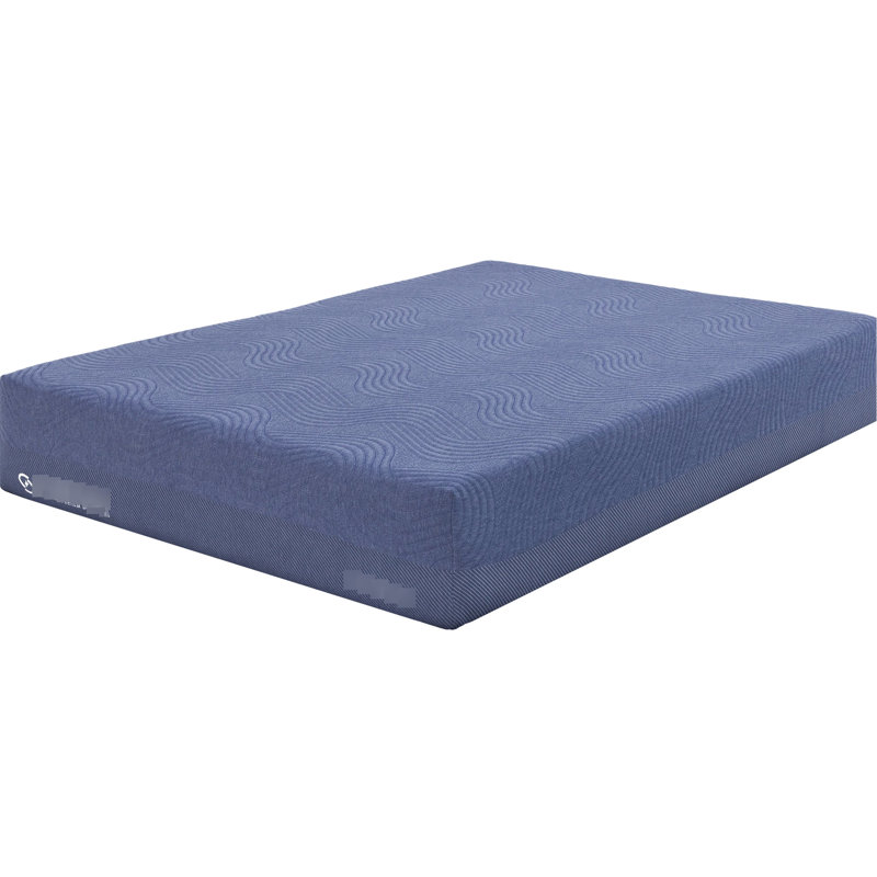 Matelas en mousse pleine densité 12 po avec mémoire D2,5, roulé et bleu - gris, doux protecteur D2,5, enroulé, enveloppé de tissu