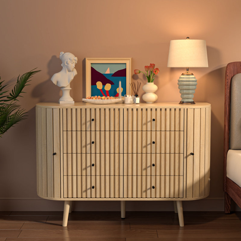 Commode 8 tiroirs avec portes, commode cannelée, rangement pour vêtements de ferme, Bois