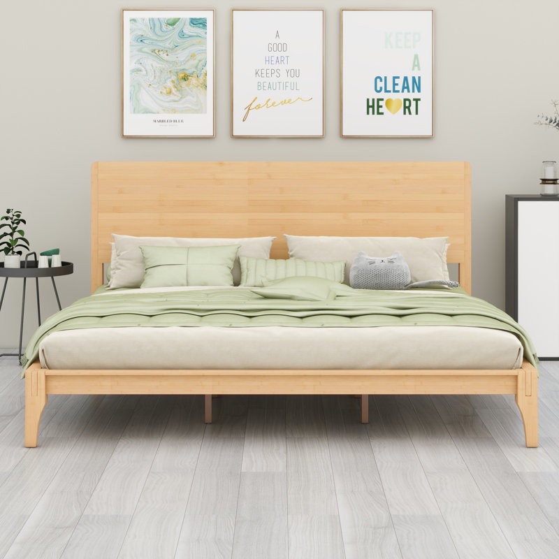 Lit plateforme Mid-Century moderne en bois avec support en lattes de bois, Très grand lit, Naturel