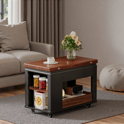 Table basse moderne multifonctionnelle avec plateau pliable, roulettes et rangement à plusieurs niveaux