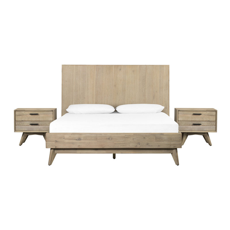 Ensemble de chambre à coucher moderne 3 pièces en bois d'acacia avec tête de lit Nollet, Brun, Très grand