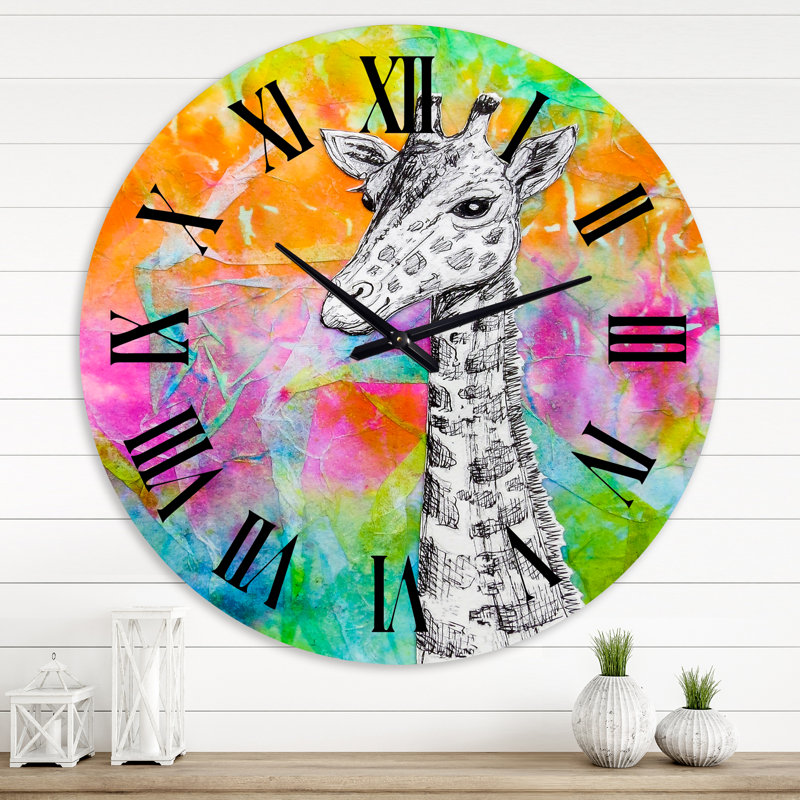 White Giraffe Drawing On Bright Rainbow - Children's Art wall clock, Large