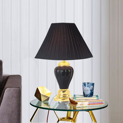 27" Tall Ceramic Table Lamp, Urn-Shaped With Black Finish, Linen Shade