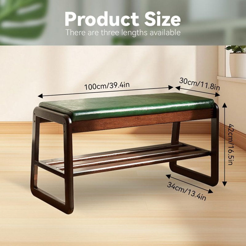 Solid Wood Bench, Entryway Shoe Rack Bench with Cushion, 2 Tier Shoe Cabinet with Bench