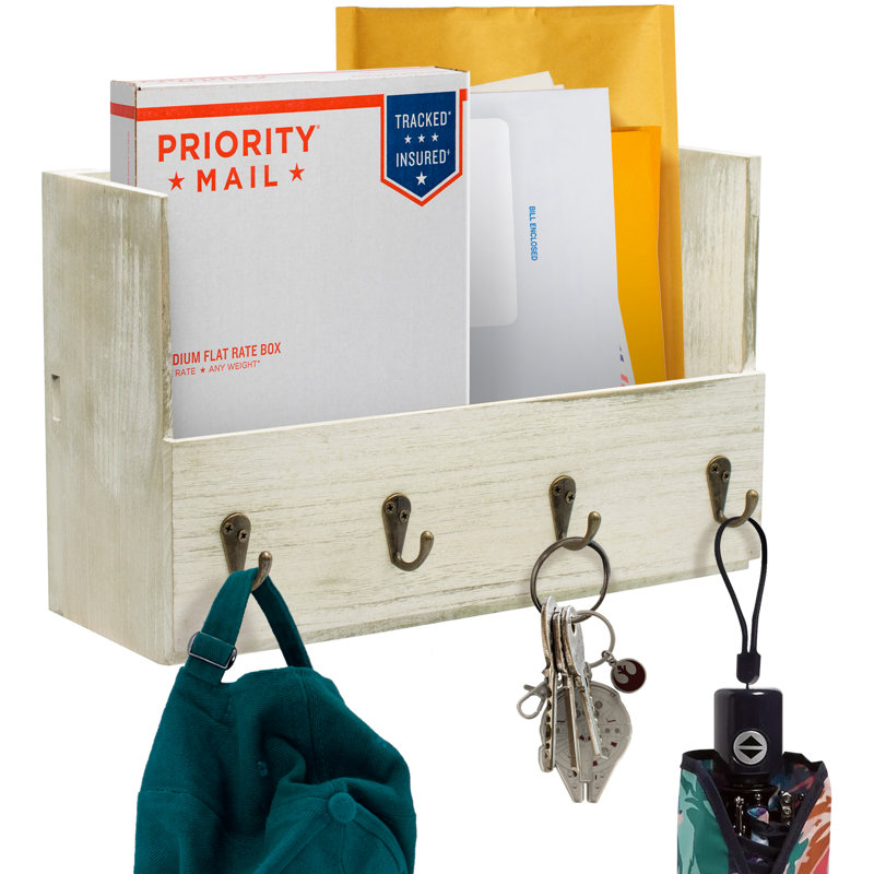Gray Distressed Wood Wall-Mounted Mail and Key Organizer