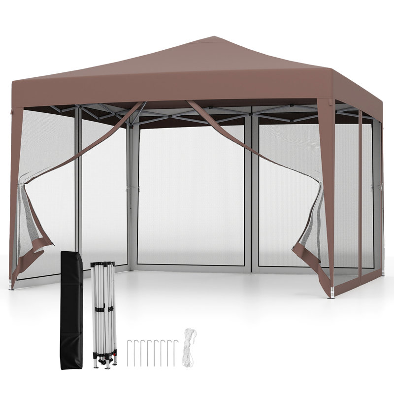 10 FT x 10 FT Pop-Up Canopy Tent w/ Mesh Netting Carry Bag 8 Stakes & 4 Ropes Outdoor Rustic Brown, Brown